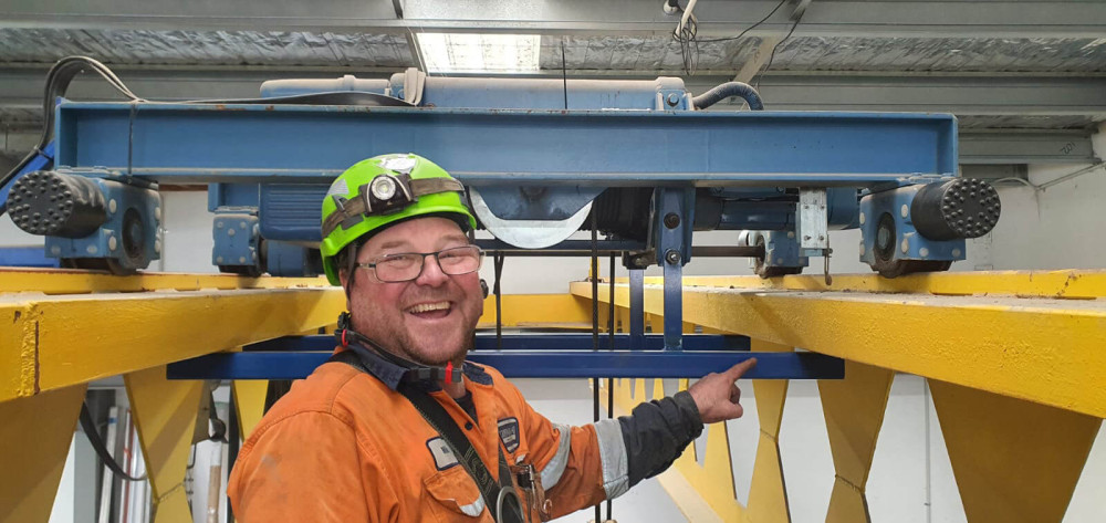 fitter mike keen up high on gantry crane