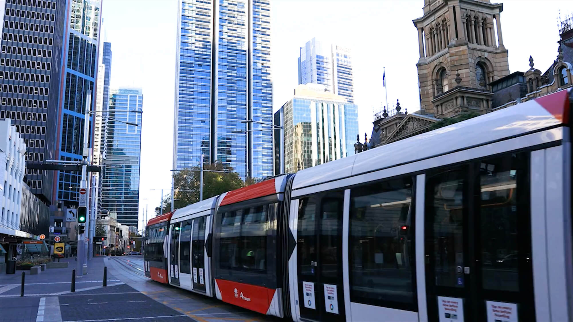 light rail trains travelling through city